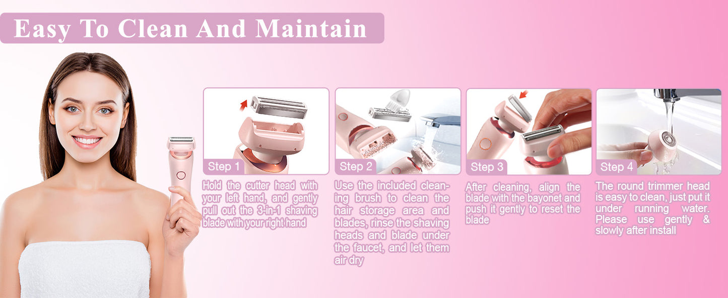 2 in 1 Lady Hair Removal Device Electric Shaver & Bikini Trimmer IPX7 Waterproof Face & Body Hair Remover for Legs Underarms