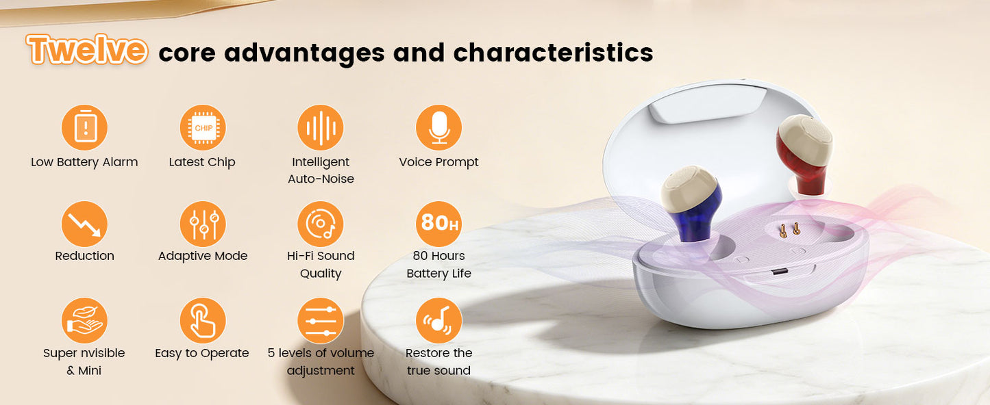 OTC Rechargeable Hearing Aid, Long Battery Life, Intelligent Noise Reduction, Excellent Comfort, Almost Invisible Hearing Aid