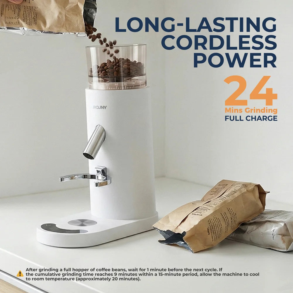ROUNY Cordless Portable Rechargeable Coffee Grinder for Home & Travel, 60 Settings, 41mm Stainless Steel Burr, LED Touch