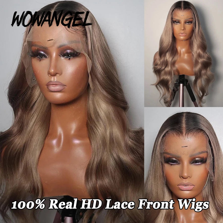28inch Ash Blonde Body Wave Real HD Lace Front Human Hair Wig Melt Skins Ombre Colored Wigs 13x6 Full Lace Frontal Wig Glueless