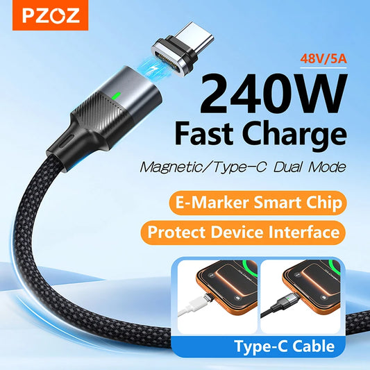 PZOZ 240W Magnetic Cable Type C Super Fast Charging Cable USB C Magnet Charger For iPhone OPPO Huawei Xiaomi Phone Wire Cord