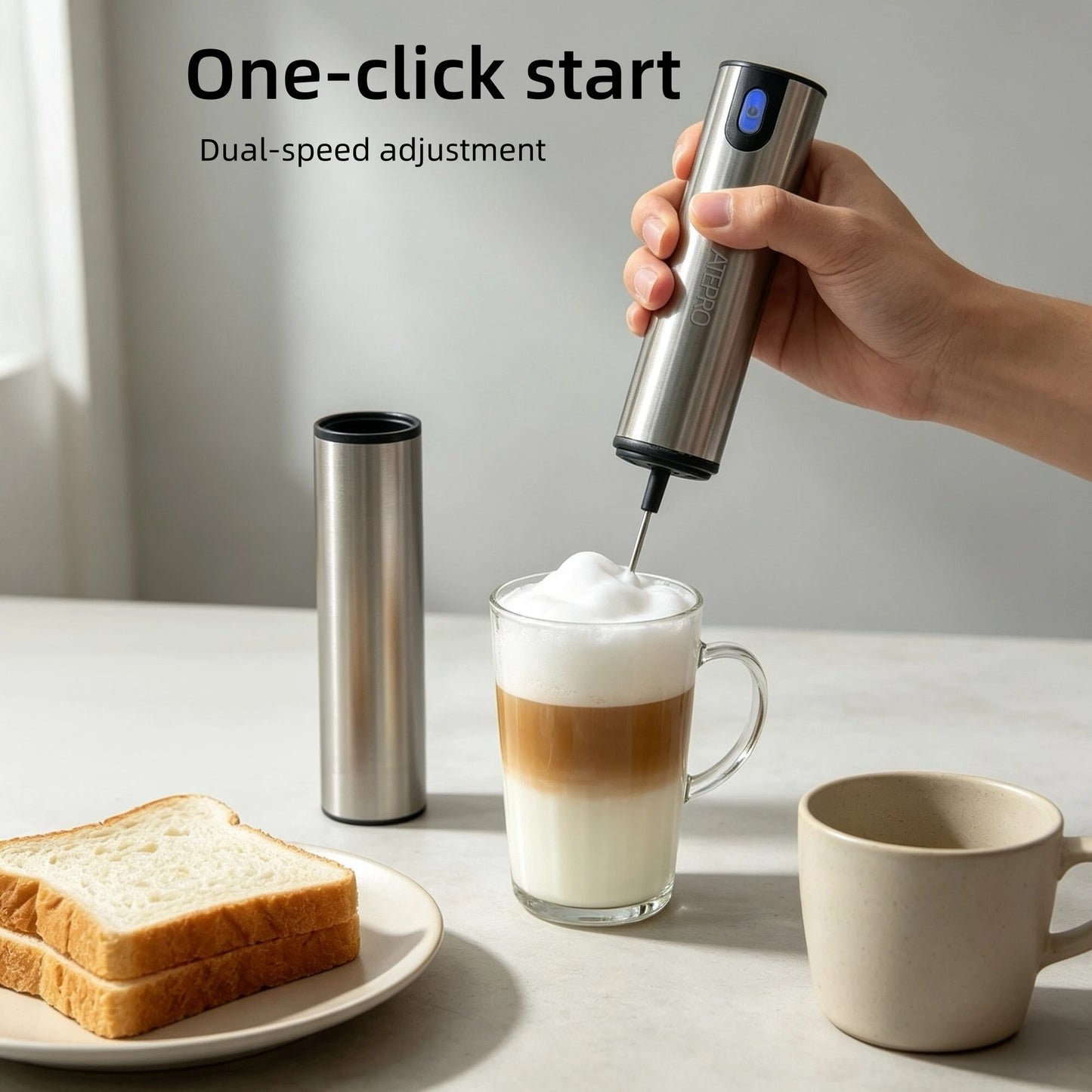 Handheld Electric Milk Frother, Made of Stainless Steel, USB Rechargeable, with a Storage Lid, Suitable for Coffee, Latte
