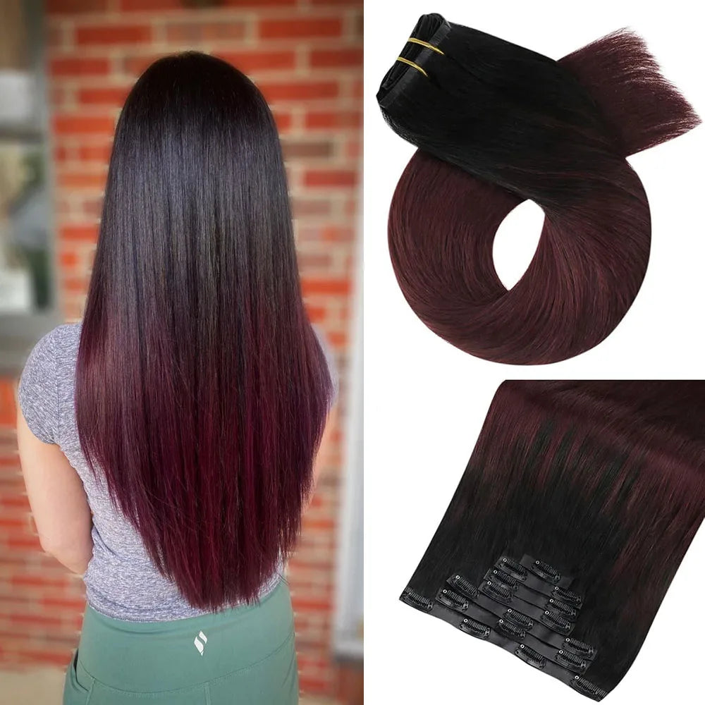 1B/99J Burgundy Ombre Straight Clip In Human Hair Extensions 100% Remy Human Hair Clip In 110g 8Pcs/Set Full Head For Women