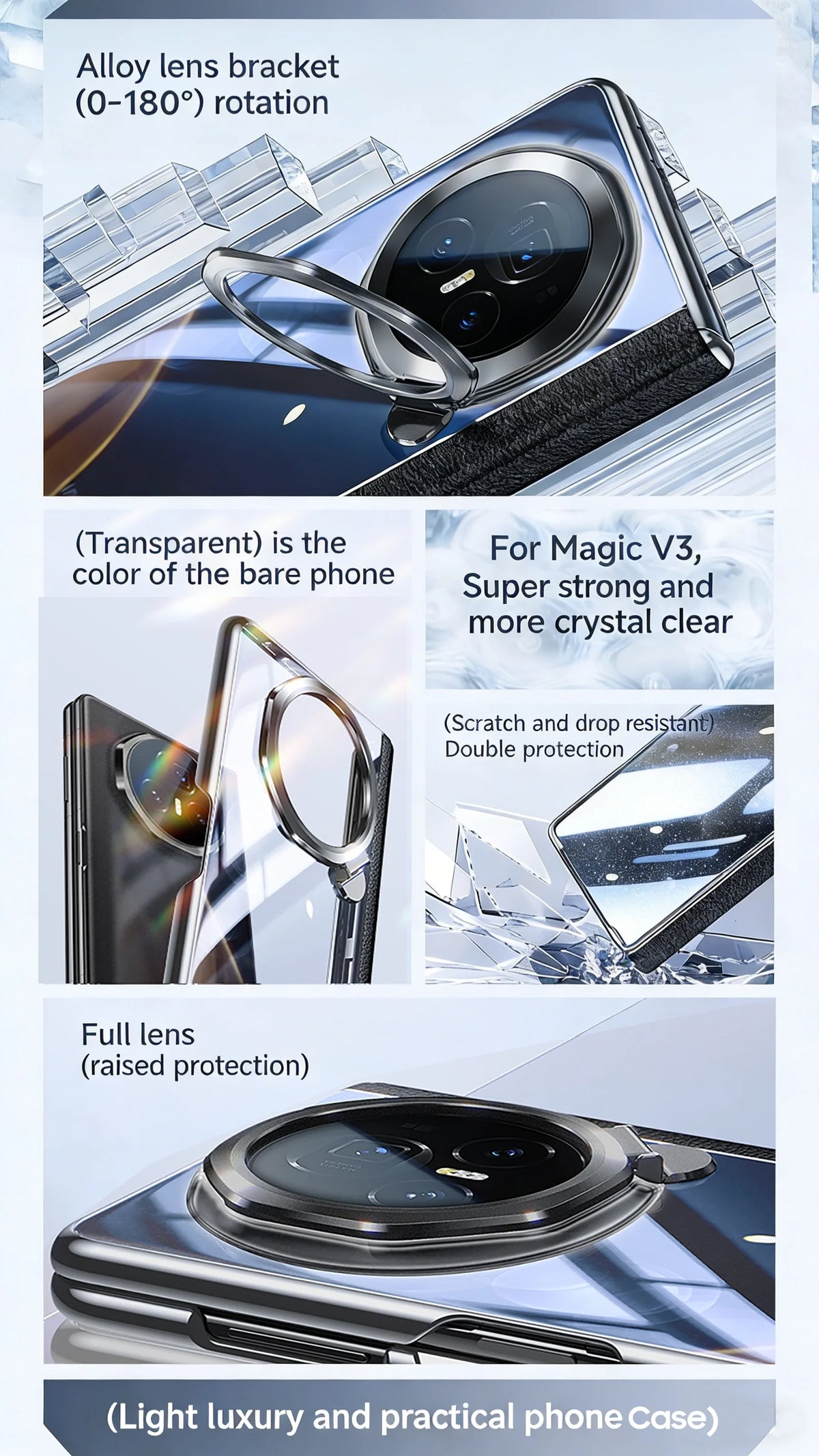 for Honor Magic V3 Protective Case,With 360°Spin Stand,Integrated HD protective film,Rotary shaft protection Phone Case-Black
