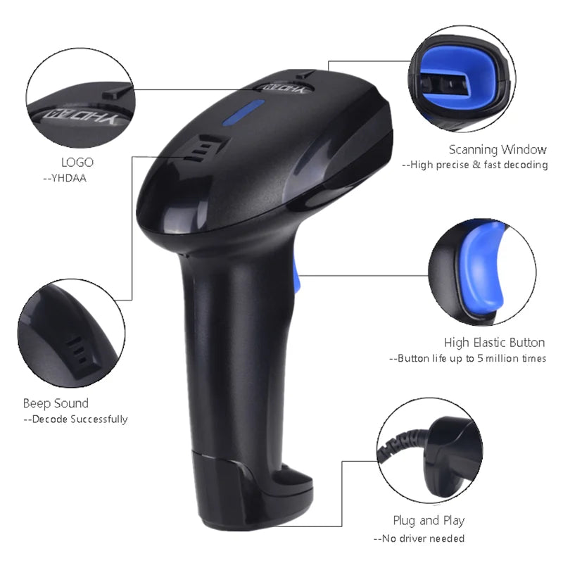 YHDAA Handheld Bluetooth Wireless 2D Barcode Scanner 1800mAh Support 20 Hours Continuous Scanning QR Code Reader