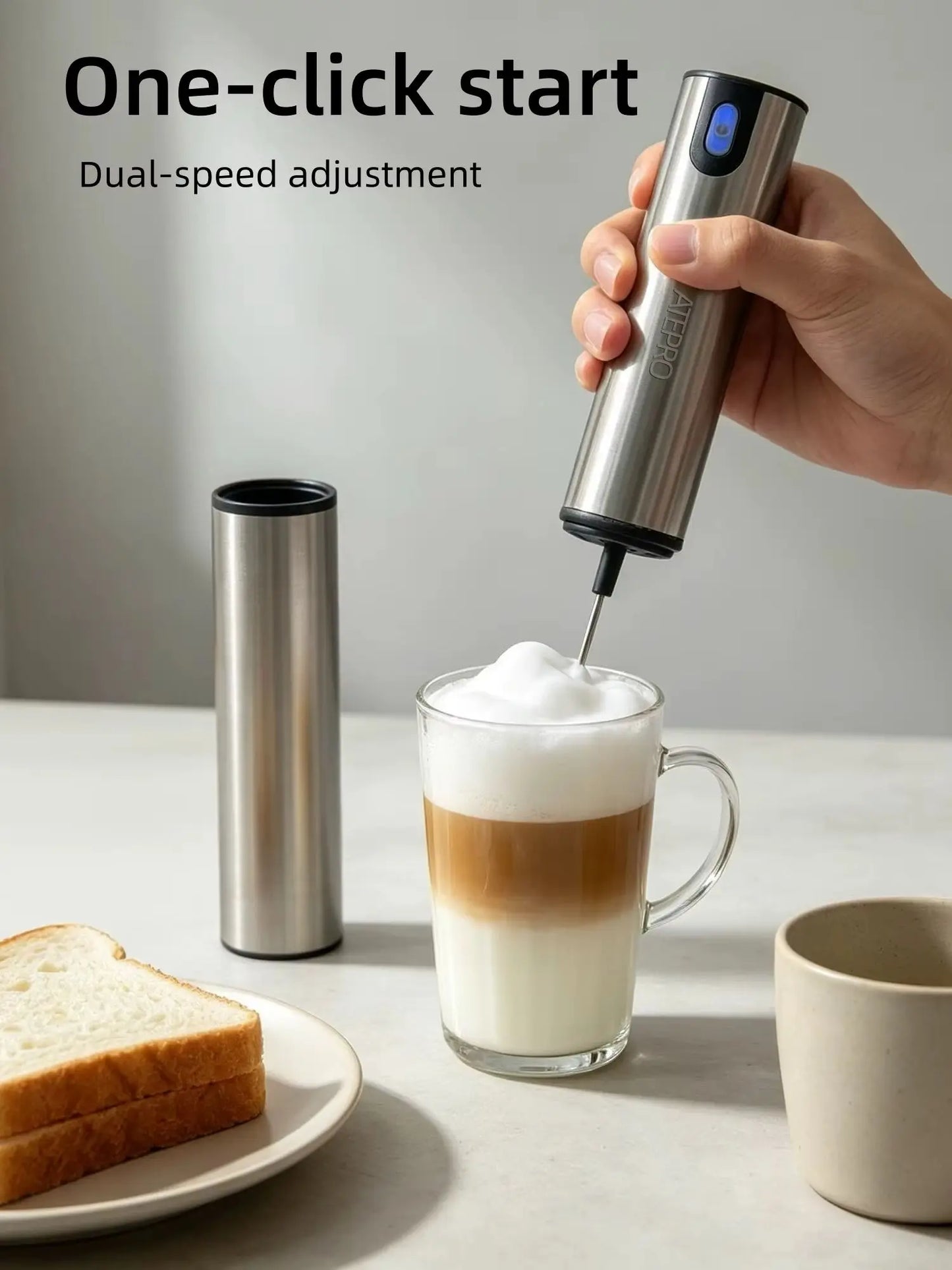 Handheld Electric Milk Frother, Made of Stainless Steel, USB Rechargeable, with a Storage Lid, Suitable for Coffee, Latte