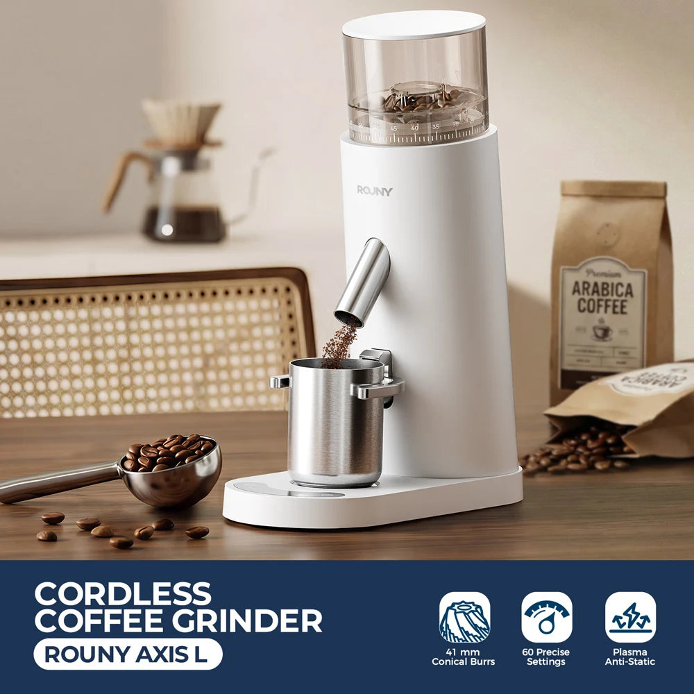ROUNY Cordless Portable Rechargeable Coffee Grinder for Home & Travel, 60 Settings, 41mm Stainless Steel Burr, LED Touch