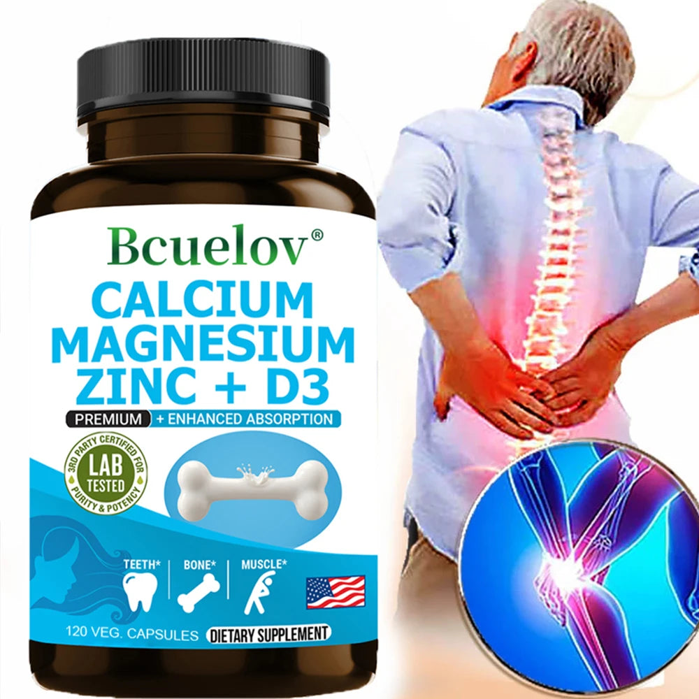 Calcium + Magnesium + Zinc + Vitamin D3 Capsules - Supports Bone and Nervous System Health and Improves Mood