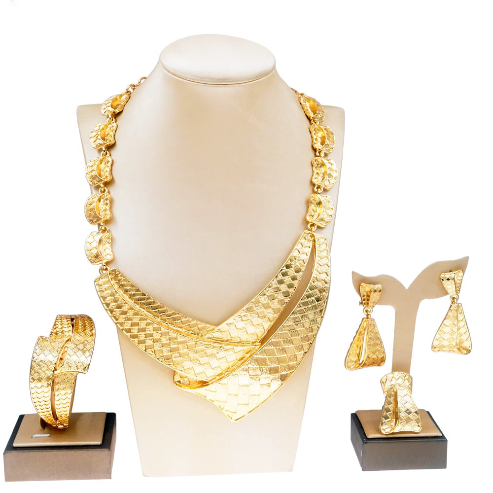 Women Jewelry Set Personality Exaggerated Gold Plated Necklace High Quality Party Earrings African Bridal Flower Bud Pendant