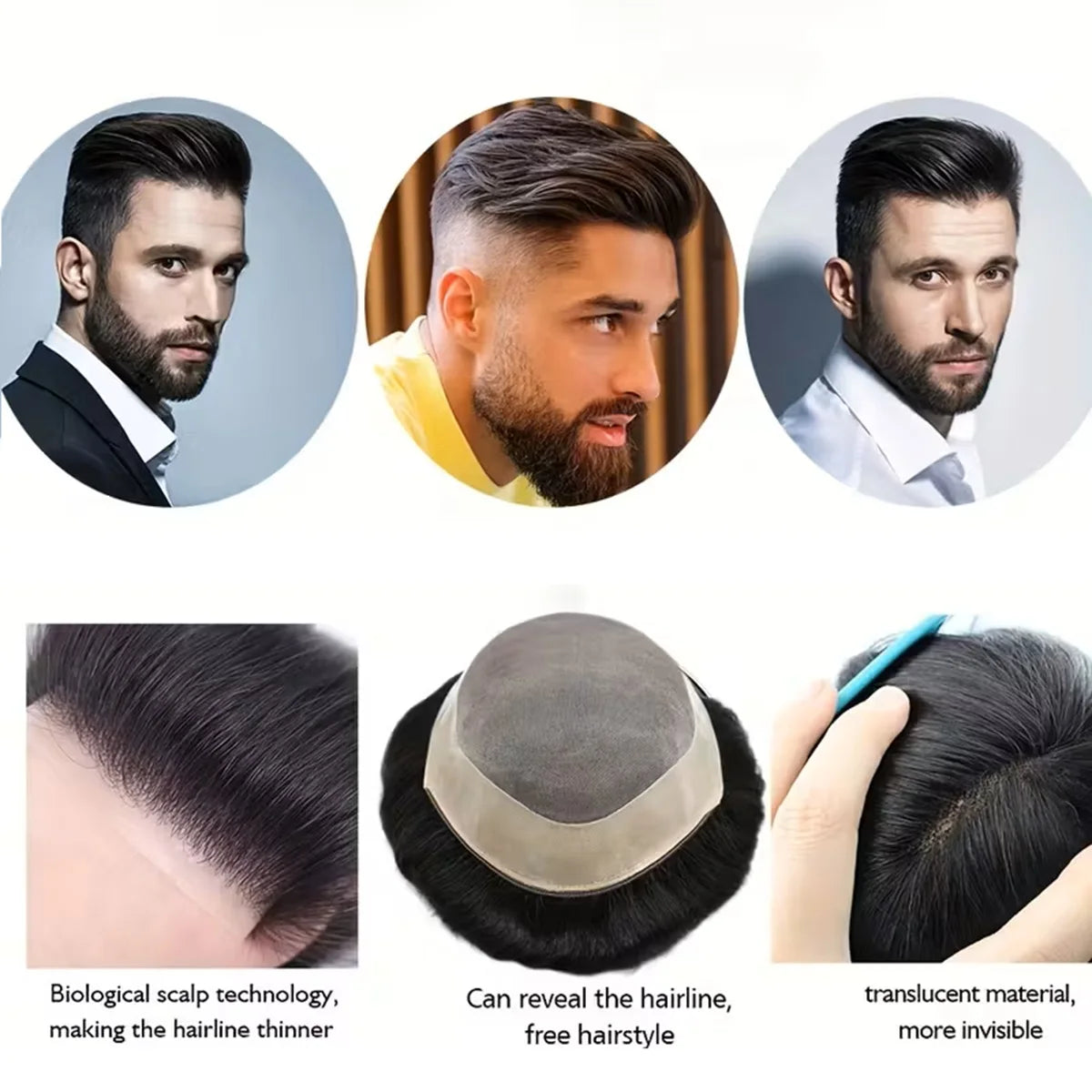 100% Human Hair Men's Toupee Fine Mono Base With Poly Skin Around Natural Men's Hair Replacement system Durable Wigs for Men