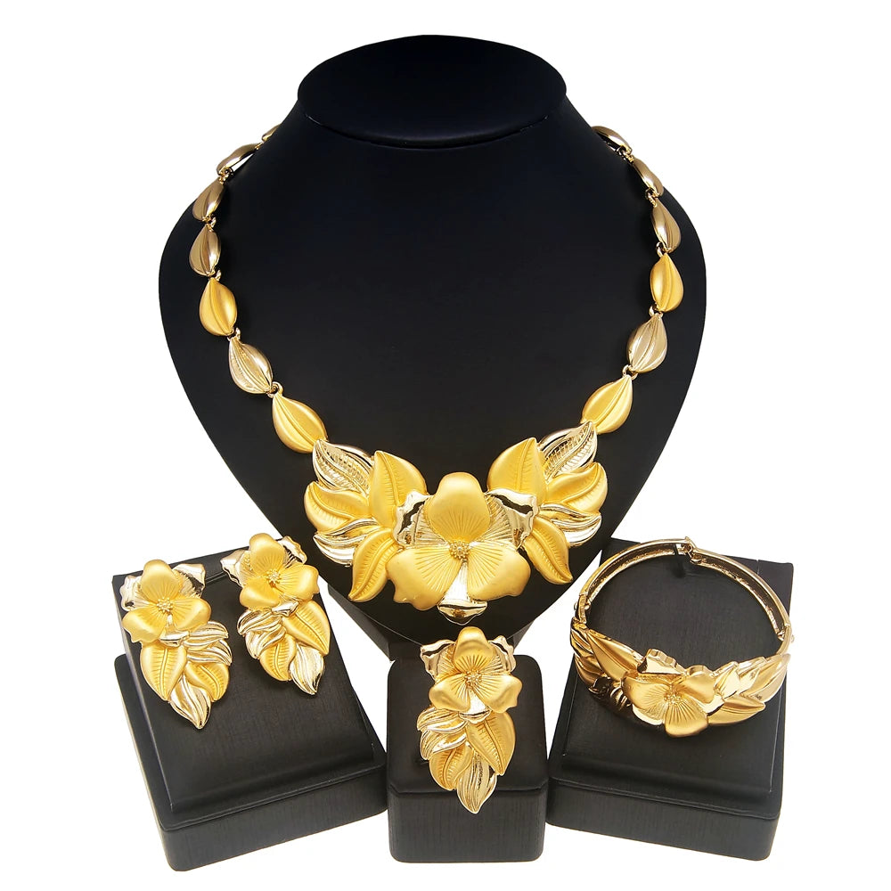 Women Jewelry Set Personality Exaggerated Gold Plated Necklace High Quality Party Earrings African Bridal Flower Bud Pendant