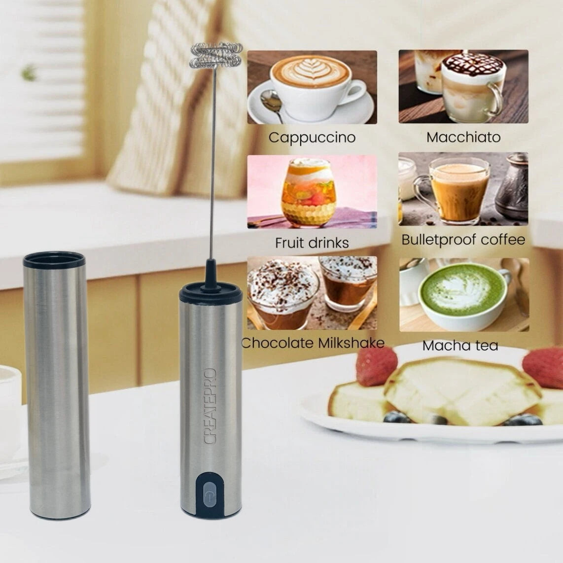 Handheld Electric Milk Frother, Made of Stainless Steel, USB Rechargeable, with a Storage Lid, Suitable for Coffee, Latte