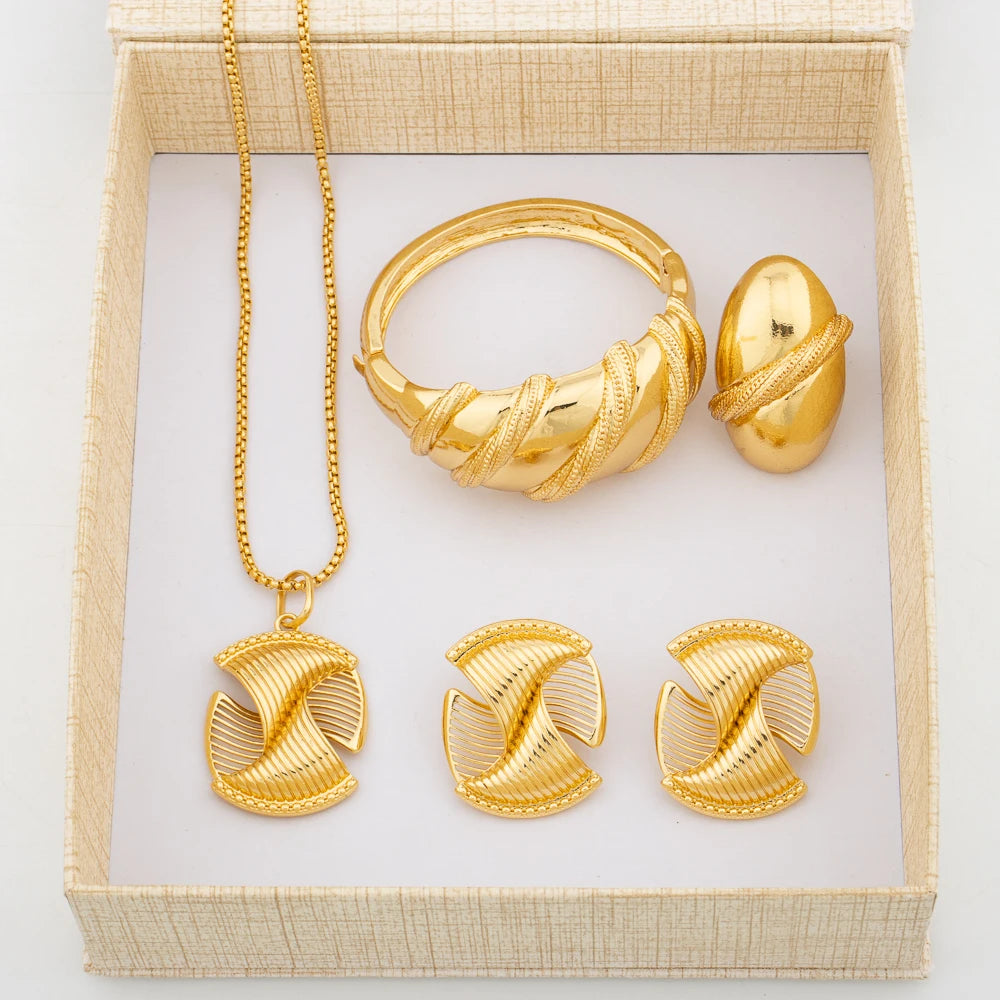 Fashion Gold Plated Jewelry for Women Necklace Earrings and Bracelet Set Dubai Engagement Bridal Accessories Gift Set