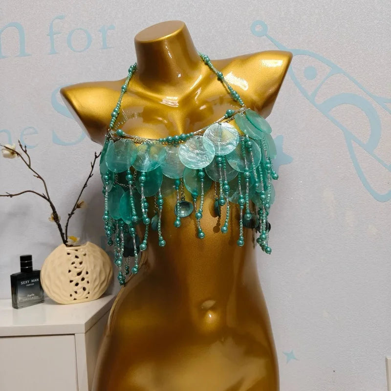 Handmade Sparkly Bohemian Mermaid Shell Beaded Halter Top Women Summer Beach Party Vacation Rave Outfit Sequins Beaded Bra Tops