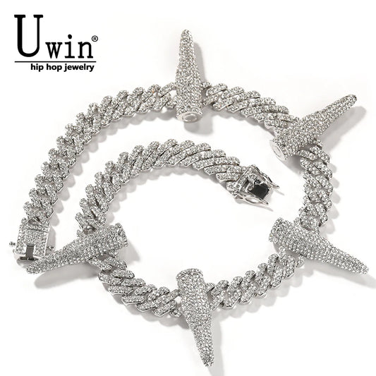 Uwin 12mm Cuban Link Chain Black Panther Zinc Alloy Bullets Necklace For Men Full Setting Rhinestones Fashion Jewelry For Gifts