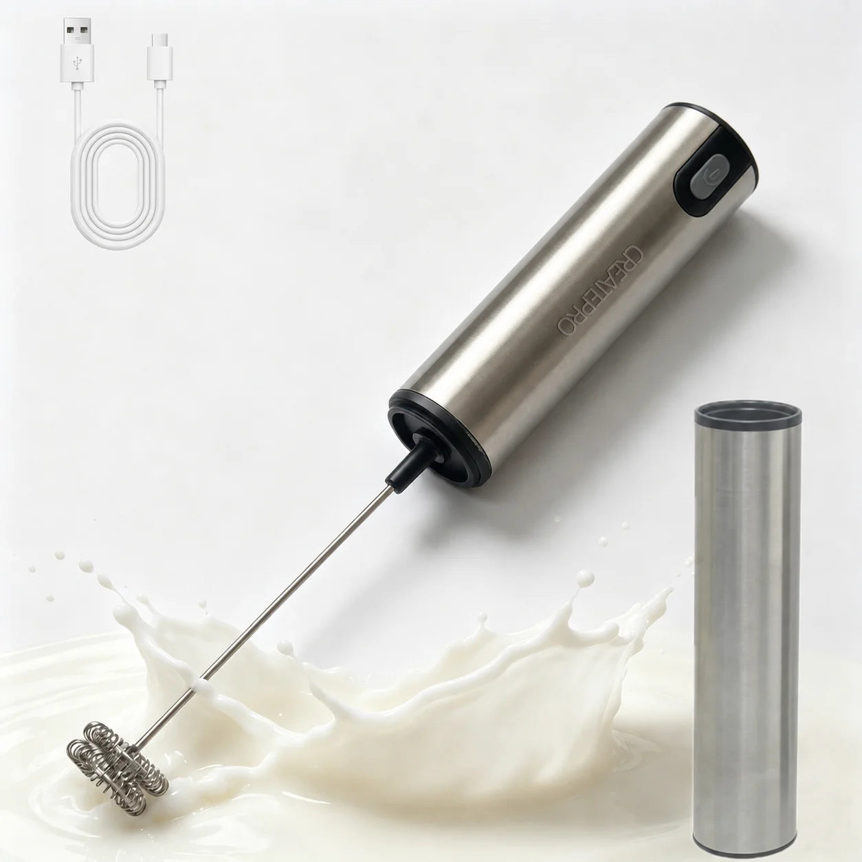 Handheld Electric Milk Frother, Made of Stainless Steel, USB Rechargeable, with a Storage Lid, Suitable for Coffee, Latte