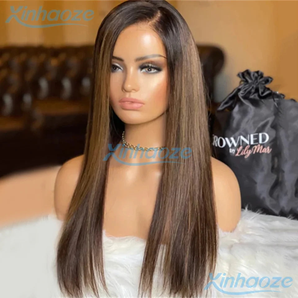Side Part Dark Brown Highlight Glueless Human Hair Straight 13x6/360 Lace Front Wigs #4/6 Pre Plucked Brazilian 5x5 Silk Top Wig