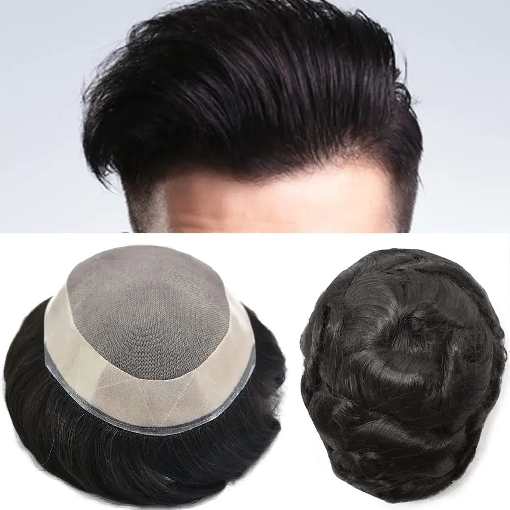 100% Human Hair Men's Toupee Fine Mono Base With Poly Skin Around Natural Men's Hair Replacement system Durable Wigs for Men