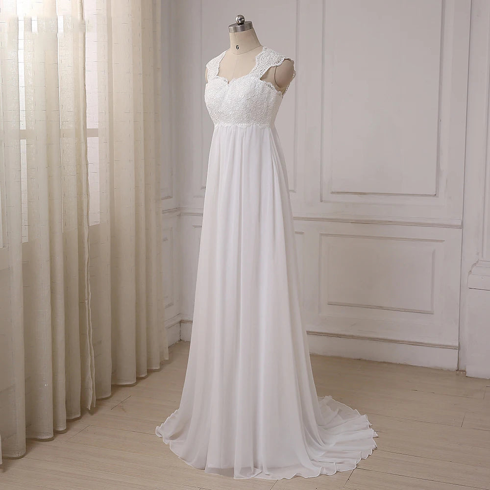 Cheap Beach Wedding Dresses Vestido De Noiva Cap Sleeve Sweetheart Empire Chiffon Bridal dress Lace Pregnant Weding Dress
