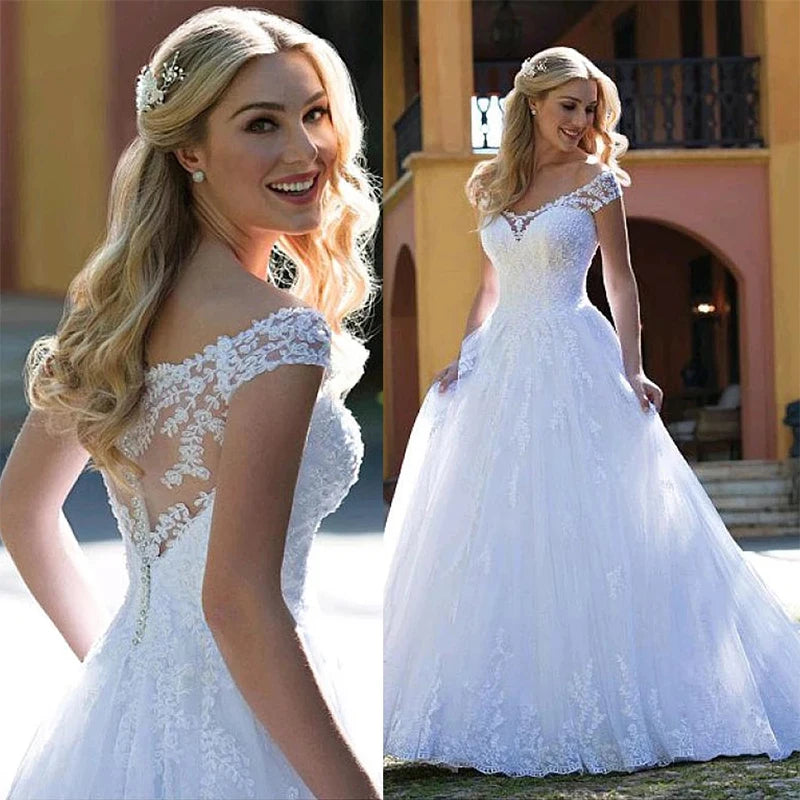 Bride Gown For Woman Illusion A-Line Bow Sashes Bridal Gowns O-Neck Satin Appliques Half Sleeves Wedding Dresses Robe De Mariée