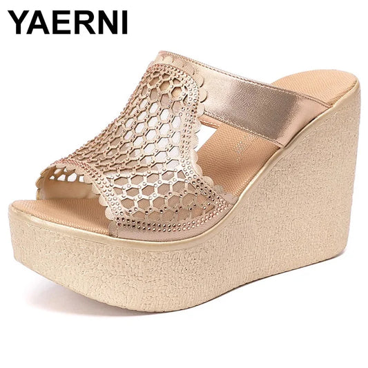 YAERNI High Heel Sandals For Women Summer Peep Toe Lace Mesh Wedge Heels Sandal Women Shoes