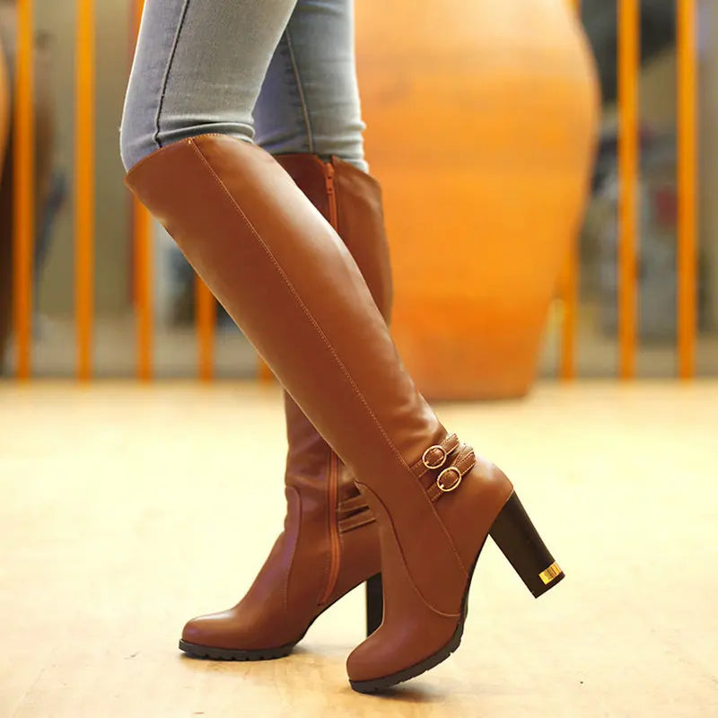 Sgesvier Winter Warm Fur Knee High Boots Womens Snow Boots High Heels Side Zipper Female Shoes Black Brown Apricot Large Size