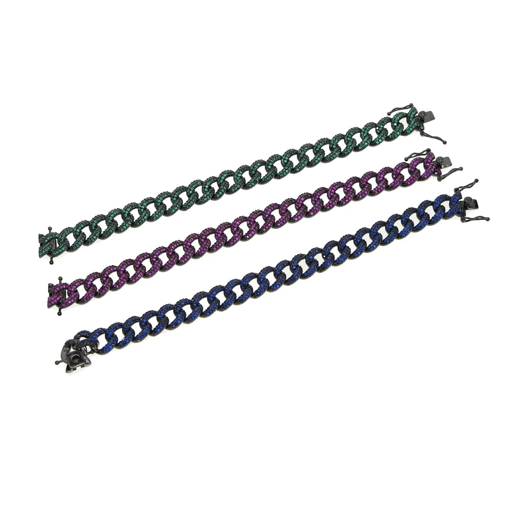 Women Hip Hop Colorful Cz Cuban Chain Bracelet 10mm Width Blue Red Green Cubic Zirconia Cuban Chain Bracelet Bangle For Women