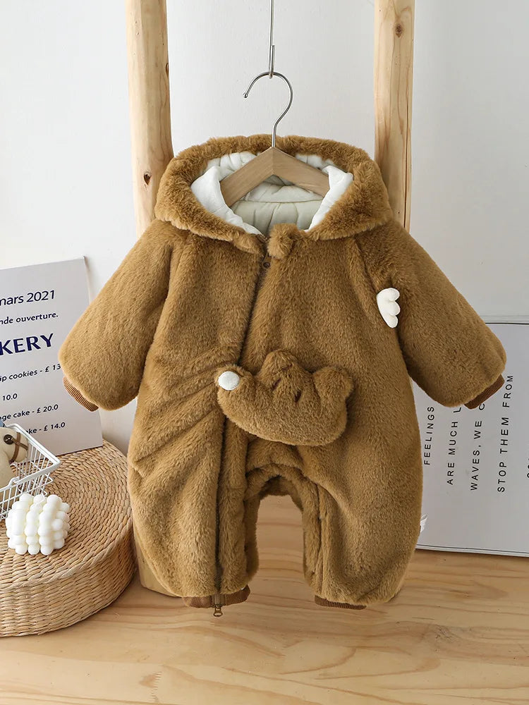 Super Cute Europe-Style Casual Fleece-Lined Hooded Climbing Jumpsuit for Baby ODM Winter Clothing with Minimum Button Supply