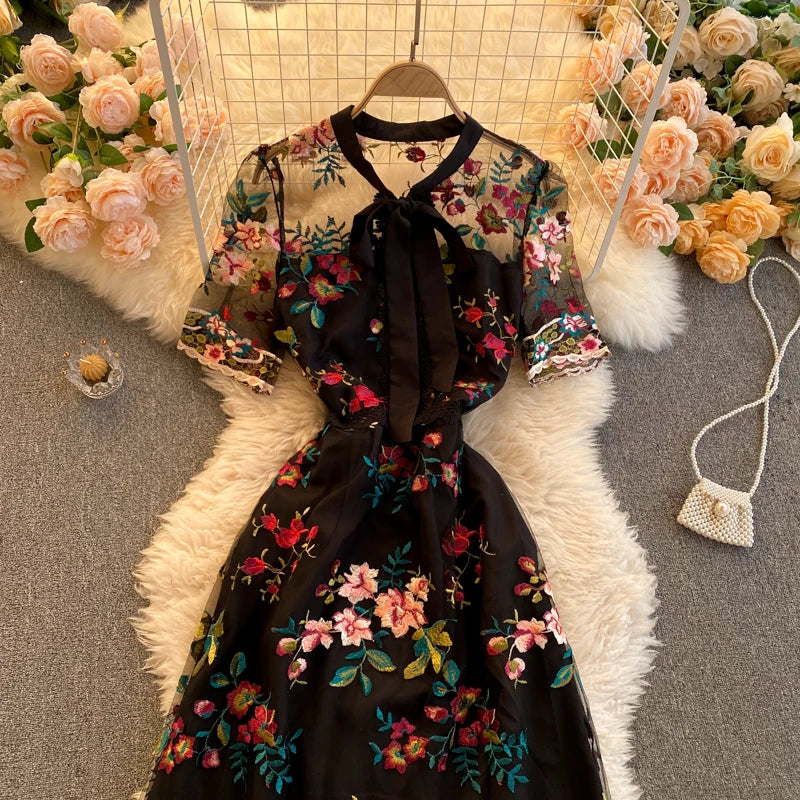 Guilantu Mesh Embroidery Floral Office Dress Women Summer Short Sleeve Tulle Vintgae Dress Elegant Sexy Club Party Dresses