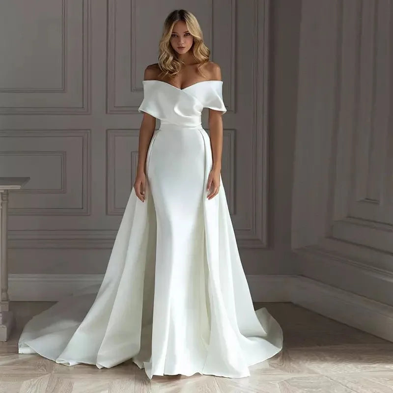 Bride Gown For Woman Illusion A-Line Bow Sashes Bridal Gowns O-Neck Satin Appliques Half Sleeves Wedding Dresses Robe De Mariée