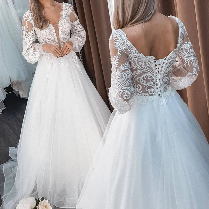 Bride Gown For Woman Illusion A-Line Bow Sashes Bridal Gowns O-Neck Satin Appliques Half Sleeves Wedding Dresses Robe De Mariée