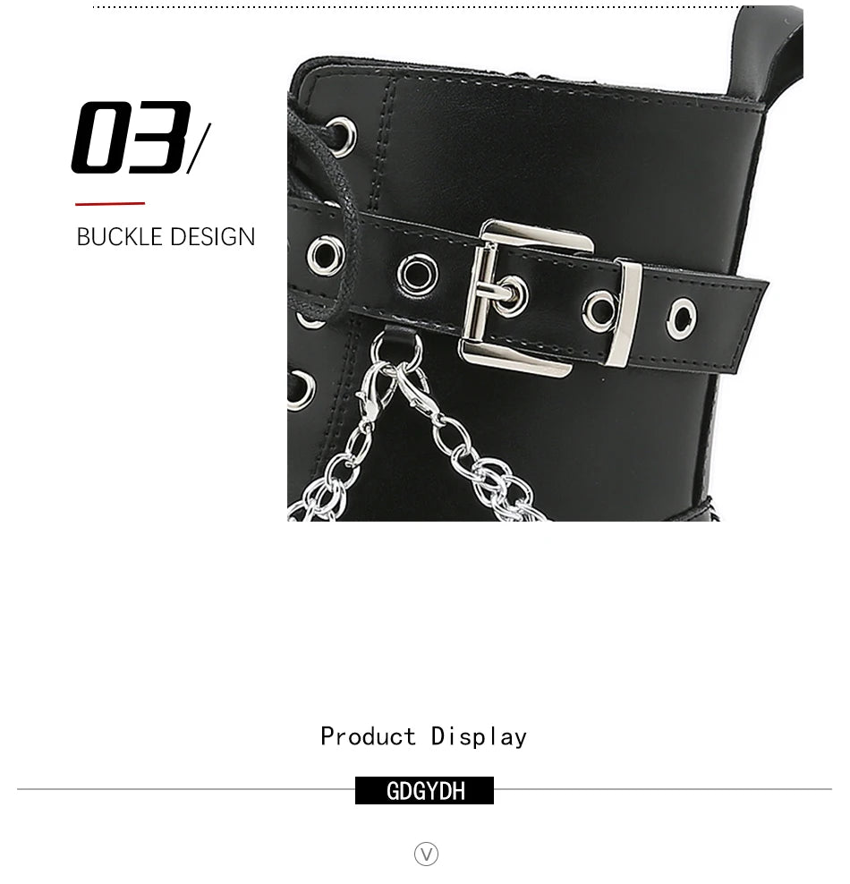 Gdgydh Modern Boots Woman Shoes Gothic Metal Decoration Black Boots Women Heels Sexy Chain Chunky Heel Platform Footwear Zipper