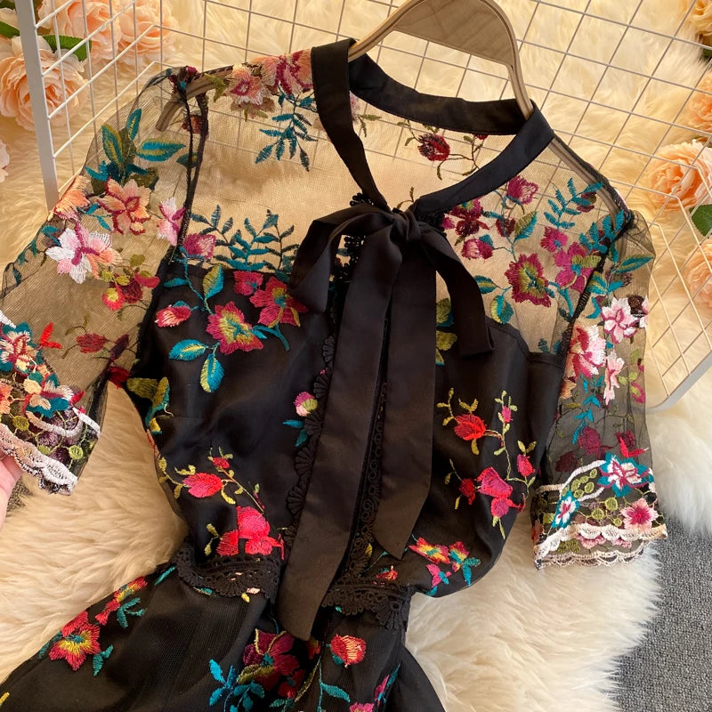 Guilantu Mesh Embroidery Floral Office Dress Women Summer Short Sleeve Tulle Vintgae Dress Elegant Sexy Club Party Dresses