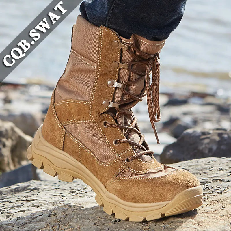 New Men's Suede Leather Desert Boots Combat Tactical Ankle Boots Lace-Up Closure Mesh Lining for Summer Winter Rubber Outsole