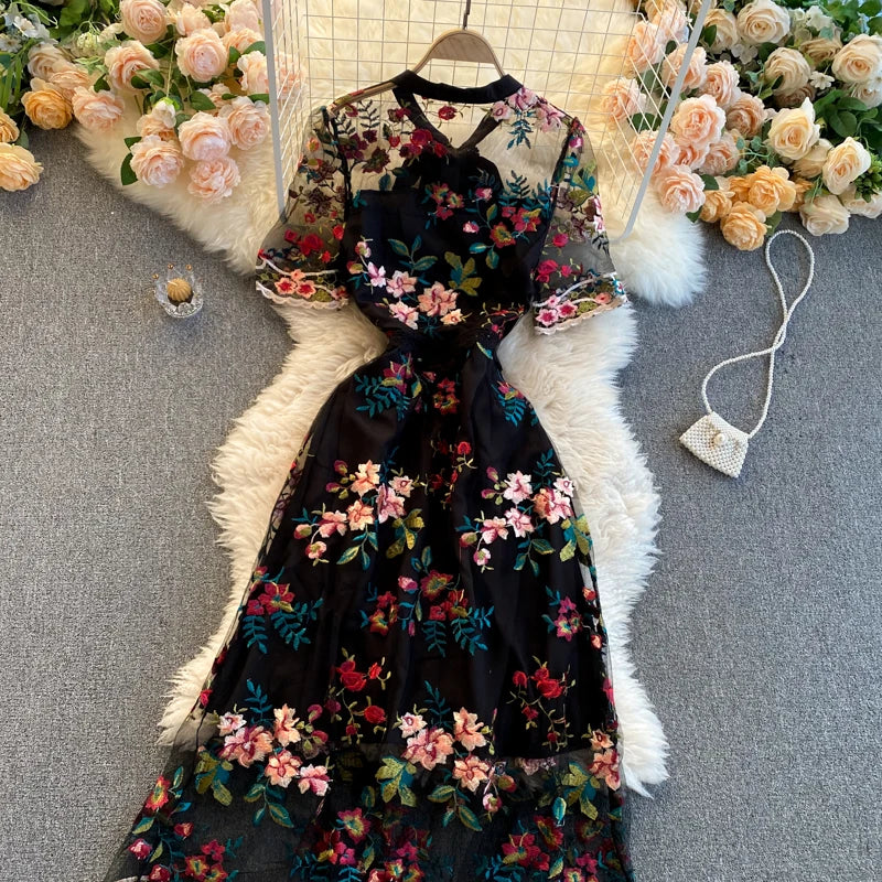 Guilantu Mesh Embroidery Floral Office Dress Women Summer Short Sleeve Tulle Vintgae Dress Elegant Sexy Club Party Dresses