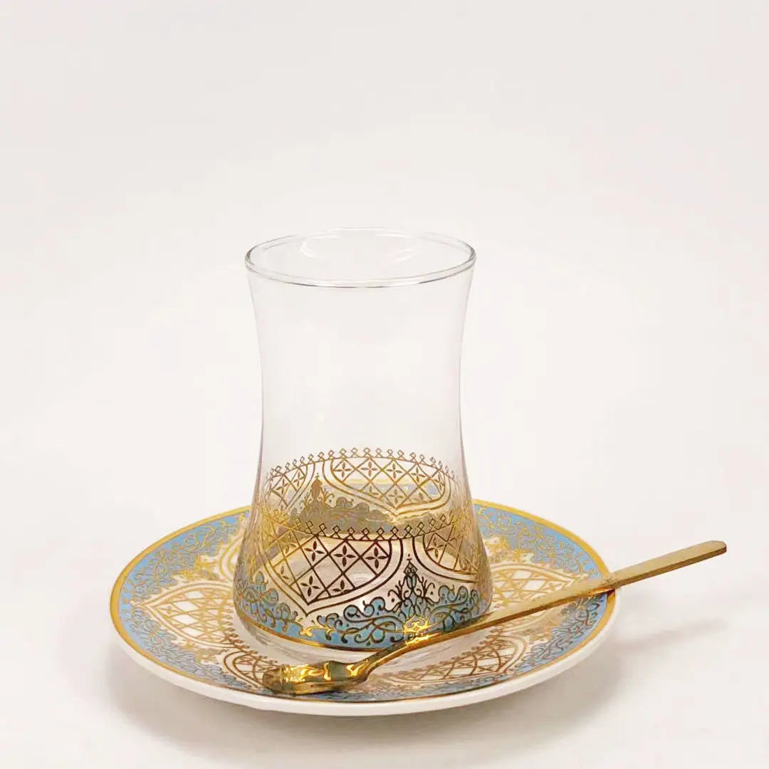 Turkish Tea Glasses Cups Set Saucers with Spoon Coffee Cup Romantic Exotic Glass Tea Cup Blue Gold Kitchen Decoration Drinking