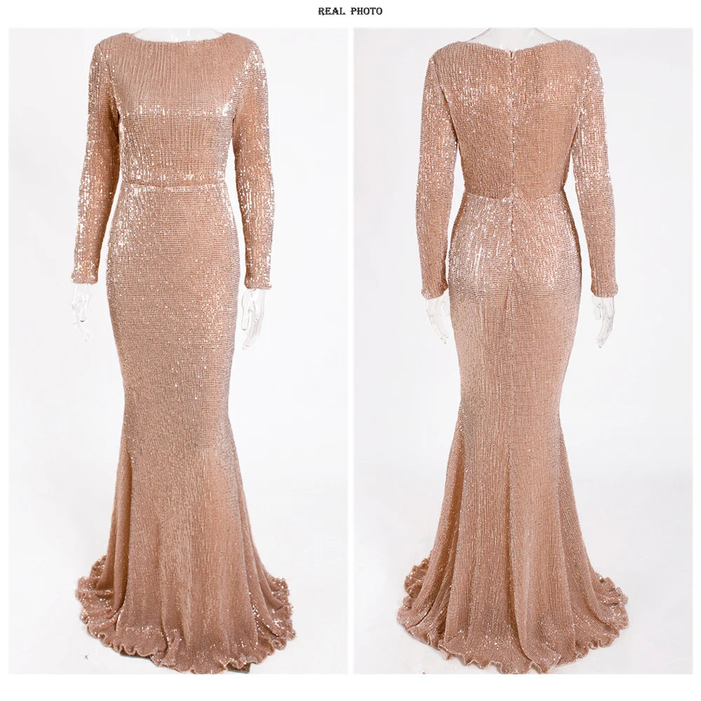 Modest Green Long Sleeve Mermaid Sequin Evening Gown Formal Dress Gold O Neck Stretch Women Wedding Party Maxi Cocktail Dresses