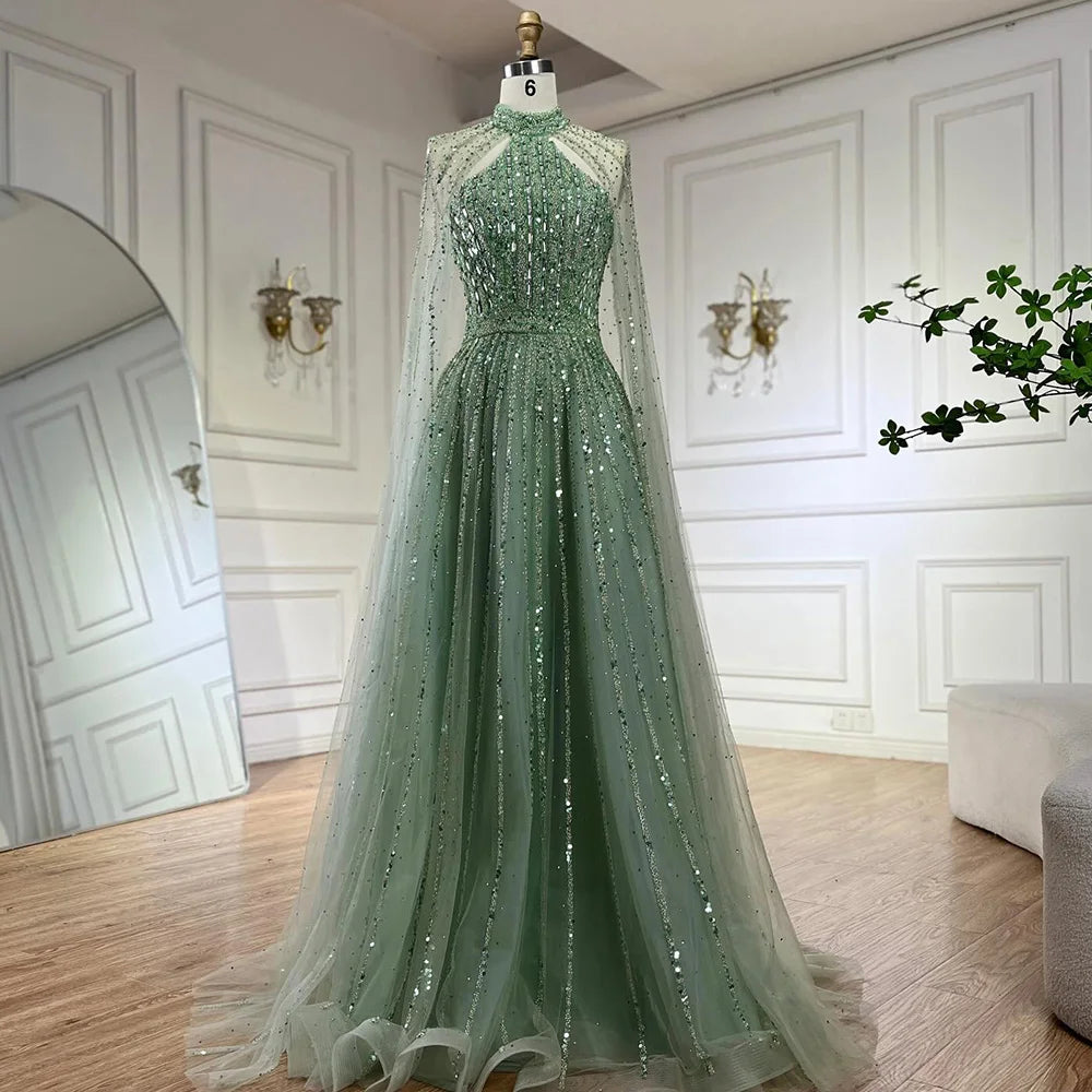 Caramel Arabic a Line Cape Sleeve Beaded Dubai Evening Dresses Serene Hill LA72306A Party Gowns 2024 for Women