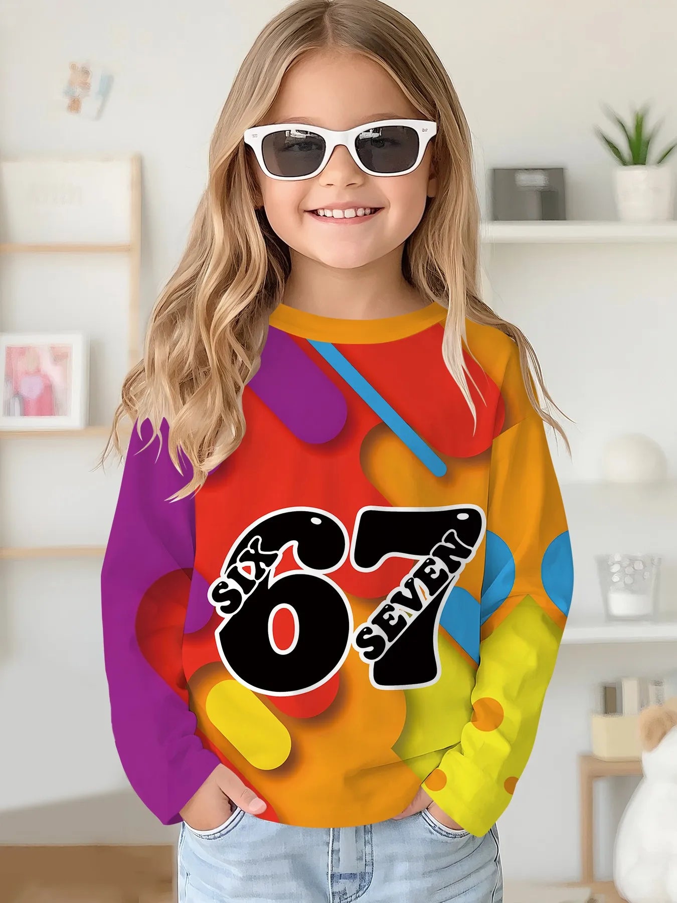 2025 Spring and Autumn Girls Korean Edition Loose Round Neck Long Sleeve T-shirt Top
