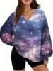 Starry Sky Gradient Pattern Printed Women's Versatile Fashion High Quality V-neck Hoodie 2025 New Edition