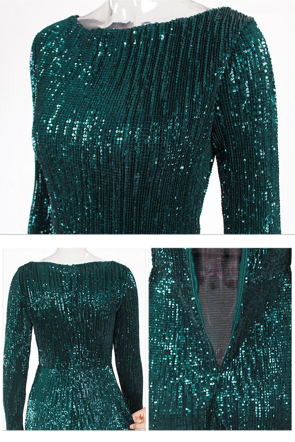 Modest Green Long Sleeve Mermaid Sequin Evening Gown Formal Dress Gold O Neck Stretch Women Wedding Party Maxi Cocktail Dresses