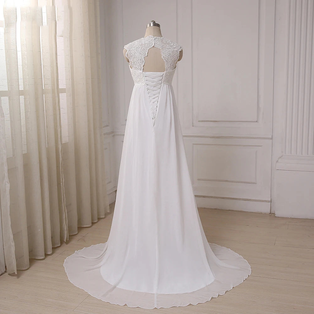 Cheap Beach Wedding Dresses Vestido De Noiva Cap Sleeve Sweetheart Empire Chiffon Bridal dress Lace Pregnant Weding Dress