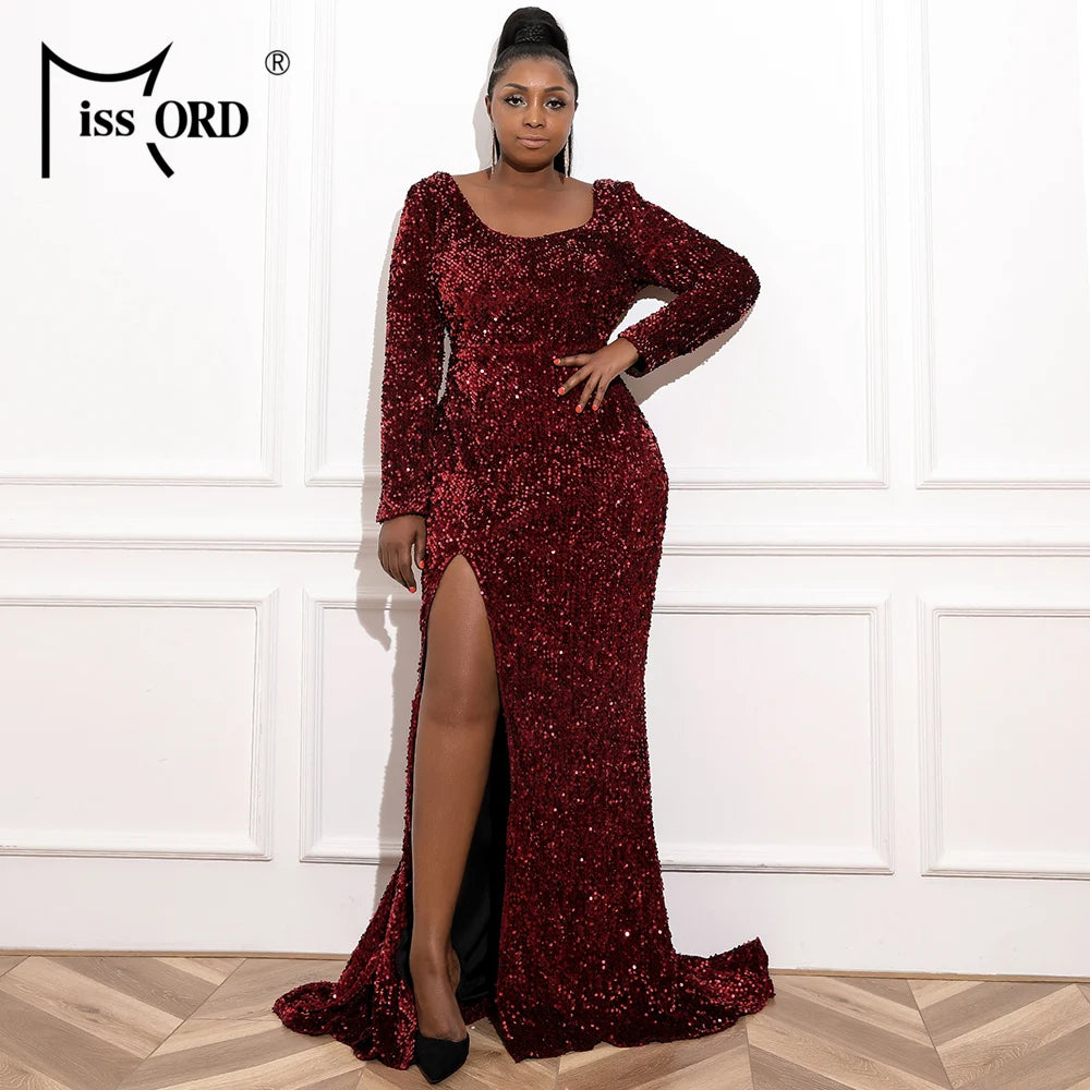 Missord Women Wine Plus Size Evening Dress Long Sleeve Sequins Thigh Split Bodycon Party Prom Maxi Dresses Elegant Backless Gown