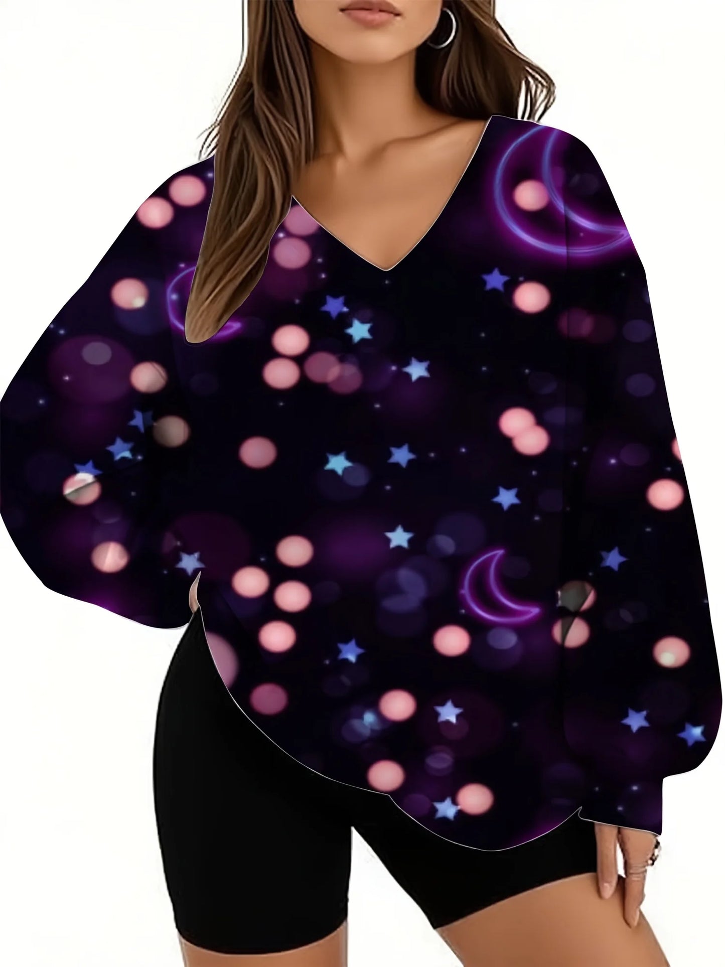 Starry Sky Gradient Pattern Printed Women's Versatile Fashion High Quality V-neck Hoodie 2025 New Edition
