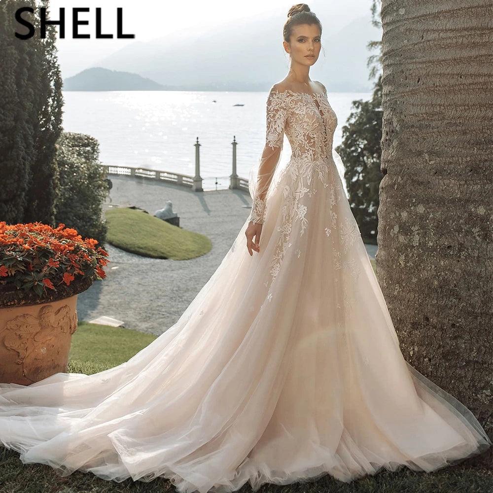 Bride Gown For Woman Illusion A-Line Bow Sashes Bridal Gowns O-Neck Satin Appliques Half Sleeves Wedding Dresses Robe De Mariée