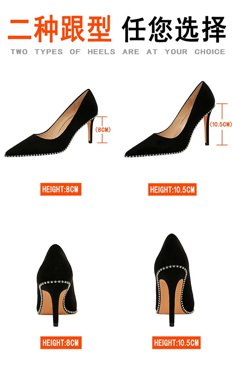 BIGTREE Shoes Black Heels Metal Beads Woman Pumps Suede High Heels Stiletto Wedding Shoes Women Heels Female Plus Size 41 42 43