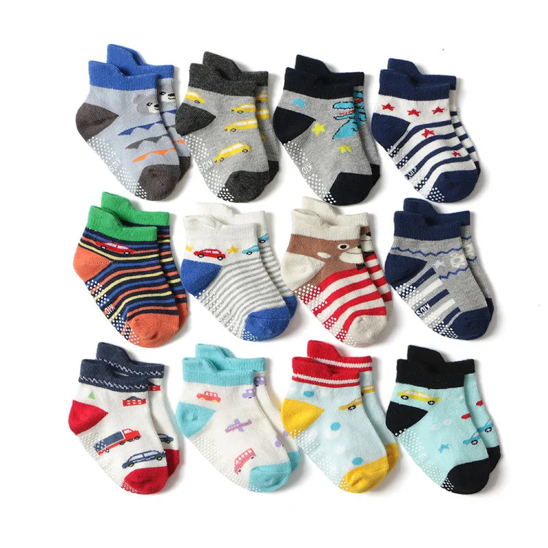 12 Pairs/Lot Cotton Baby 's Floor Socks Boys Girls Non-slip Boat Low Cut Sock with Rubber Grips 1-5Years