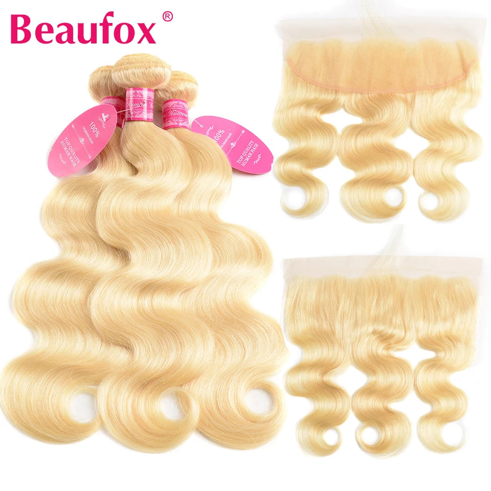 Beaufox 613 Blonde Bundles With Frontal Brazilian Body Wave With Frontal Remy Blonde Human Hair Lace Frontal Closure With Bundle