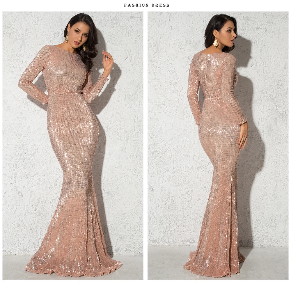 Modest Green Long Sleeve Mermaid Sequin Evening Gown Formal Dress Gold O Neck Stretch Women Wedding Party Maxi Cocktail Dresses