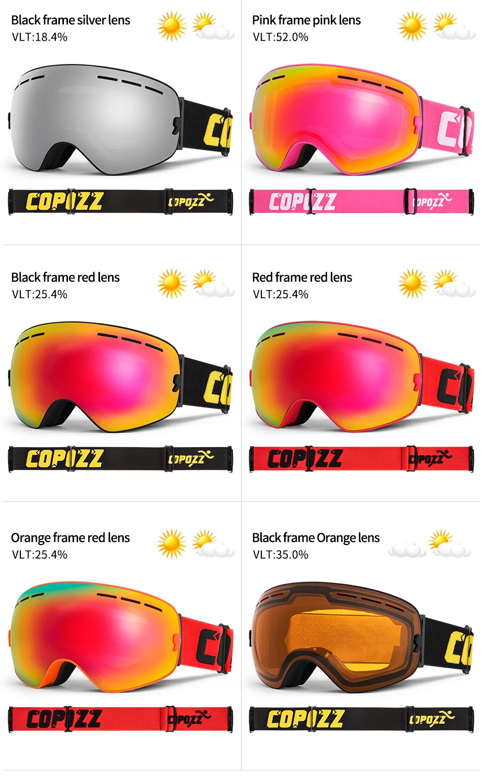 COPOZZ Brand Ski Goggles Men Women Snowboard Goggles Glasses For Skiing UV400 Protection Skiing Snow Glasses Anti-Fog Ski Mask